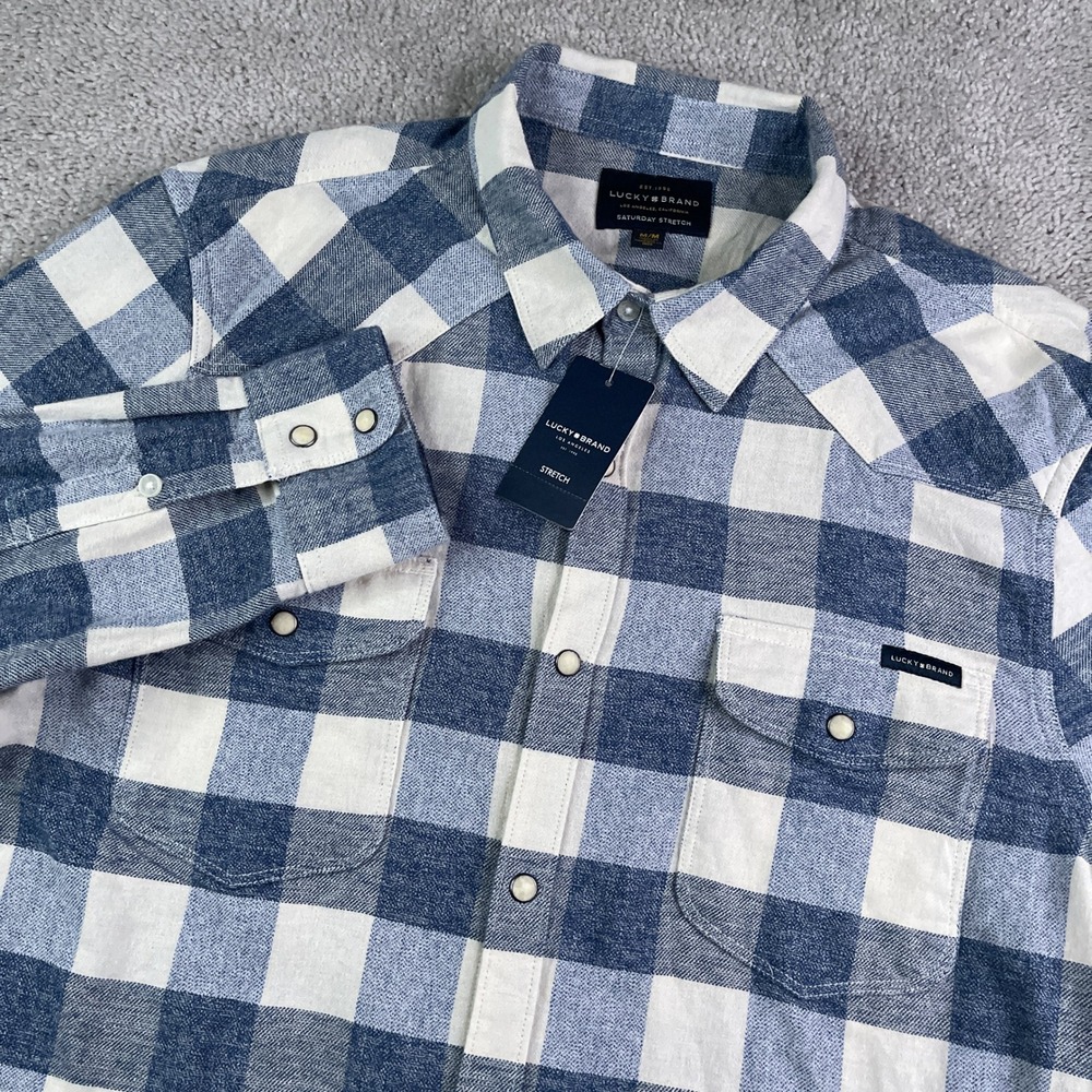 NEW Lucky Brand Shirt Mens Medium Blue Buffalo Plaid Saturday Stretch Western